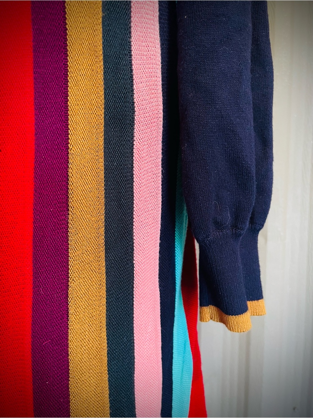 Boden Margie Sweater Dress Navy Rainbow Maxi Fit & Flare Long Sleeve SOFT! sz 12 - Picture 8 of 11